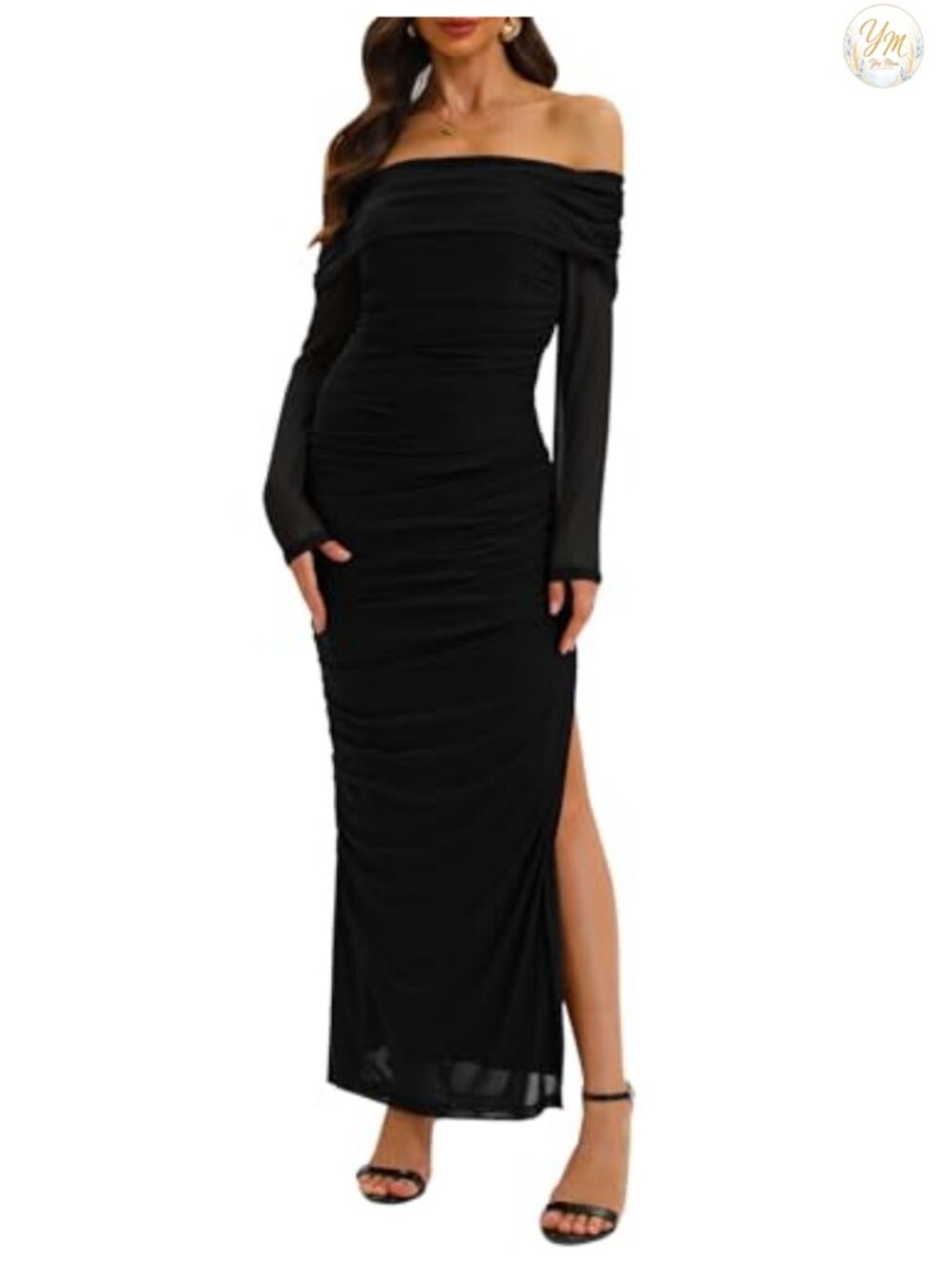 Off Shoulder Long Sleeve Bodycon Maxi Dress High Split Mesh Ruched